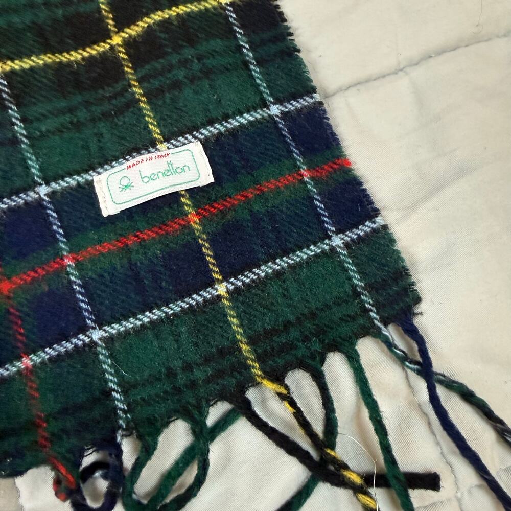 Vintage Benetton Green Plaid Wool Scarf Fringe Red Yellow Blue Tartan Men Women